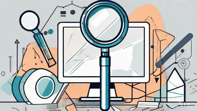 A magnifying glass focusing on a stylized amazon product surrounded by scattered
