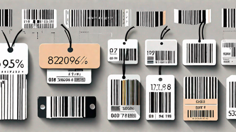 A variety of different types of barcodes and gtin numbers displayed on a collection of online retail items like a clothing tag