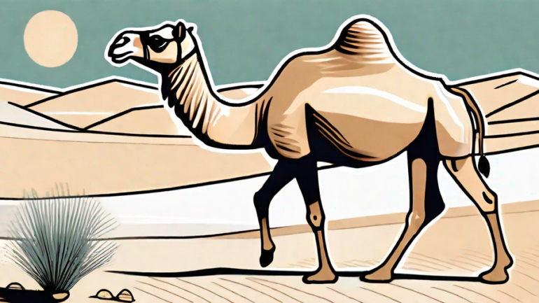 A camel walking through a desert
