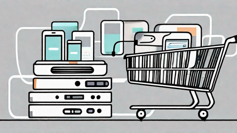 A shopping cart filled with various digital devices like smartphones