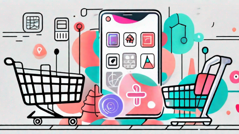 A smartphone displaying the tiktok interface with various advertising icons and a shopping cart symbol